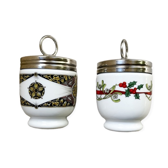 RARE Set of 2 Royal Worcester Egg Coddlers - Holly Ribbons / Renaissance Rosette - Picture 3 of 8
